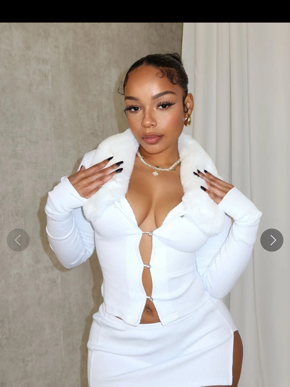 EGO White Ribbed Hook-Front Teddy Collar Jacket